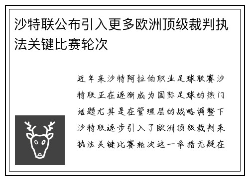 沙特联公布引入更多欧洲顶级裁判执法关键比赛轮次