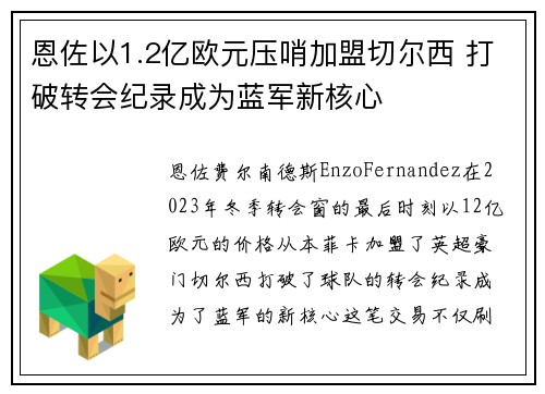 恩佐以1.2亿欧元压哨加盟切尔西 打破转会纪录成为蓝军新核心