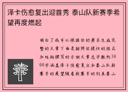 泽卡伤愈复出迎首秀 泰山队新赛季希望再度燃起